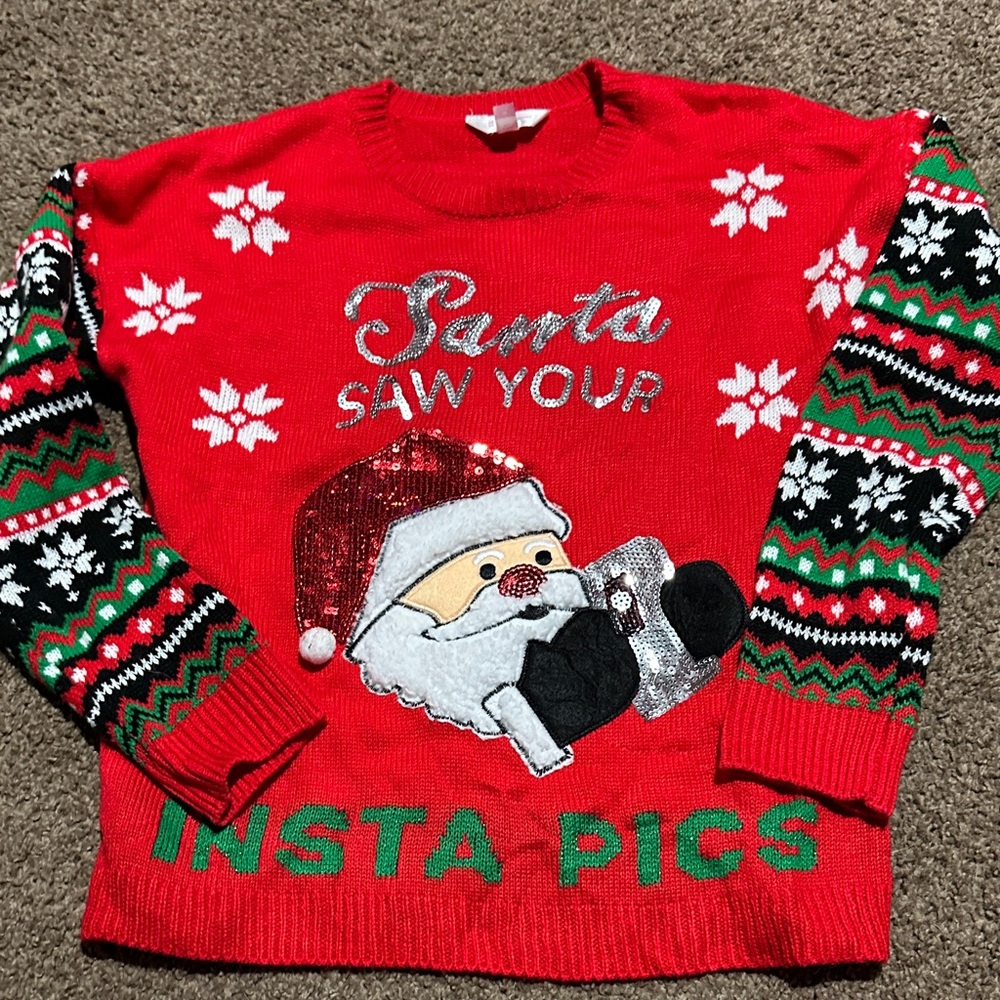 Santa Saw Your Insta Pics Red Ugly Funny Christmas Sweater Size medium (7/9)